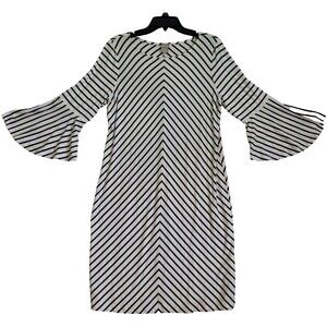 Chico’s Dress Women 12/14 White Black Stripe Bell Sleeve Midi Shift